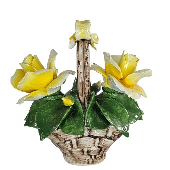 Vintage Nuova Capodimonte Yellow Porcelain Rose Flower Basket Italy *Chipped - Picture 2 of 12